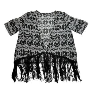 Women's Open Front Boho Print Kimono w/ Fringe Trim Size Small Festival Casual